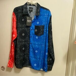 Boohoo Man Mens Button Up Shirt XL 46” Bandana Black Red Blue Western Rodeo NWT